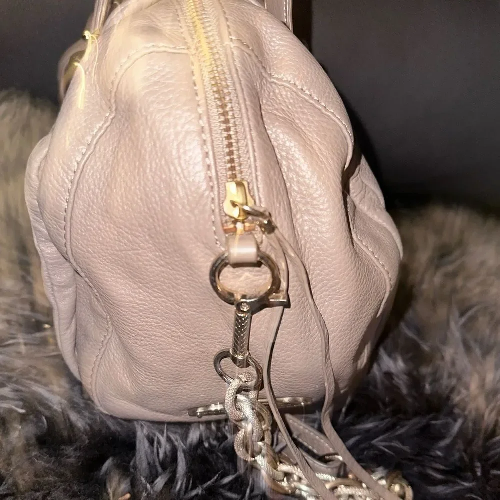 ELLIOTT LUCCA Pebbled Leather Belted Grey Hobo Shoulder Bag Chain Detail